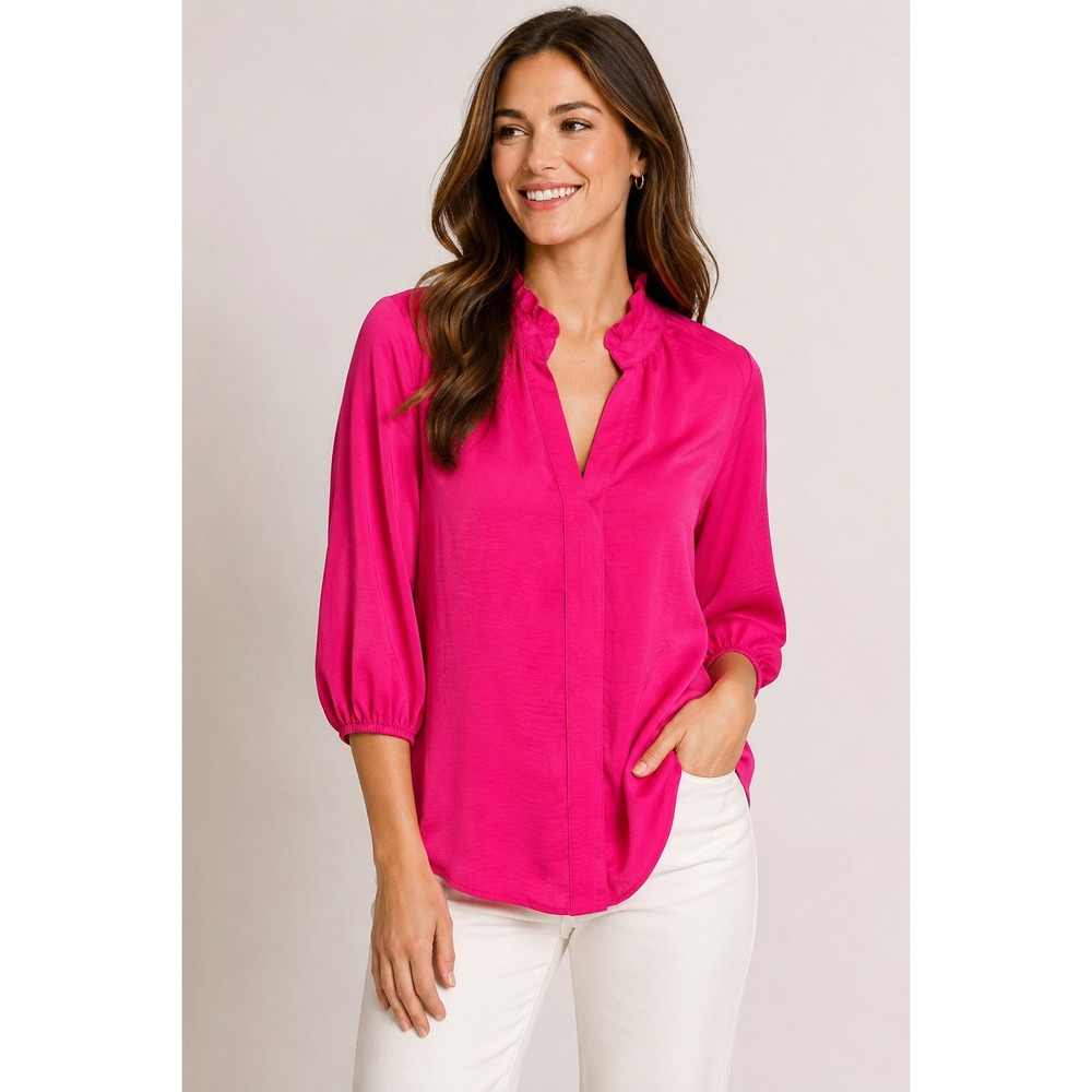 CeCe Bright Rose Ruffle Neck‎ Blouse Women XL Hot Pink Split Neck 3/4 Sleeve NWT